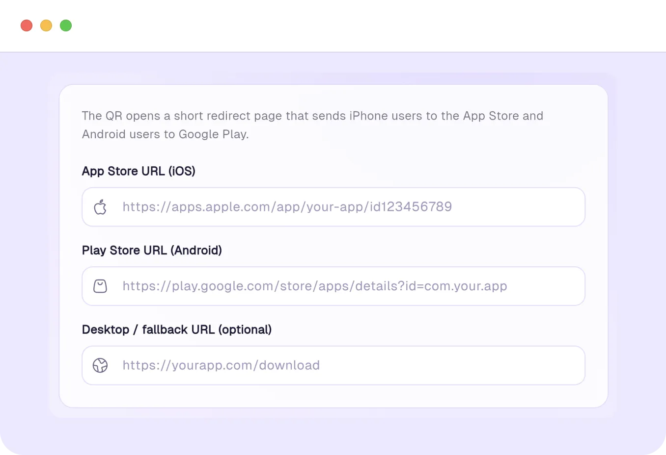 Configure App Store, Play Store, and desktop URLs for your smart QR